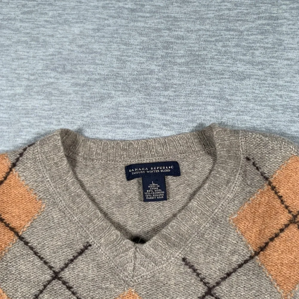 Banana Republic Sweater Mens Large Gray Orange‎ Argyle Wool Blend Pullover